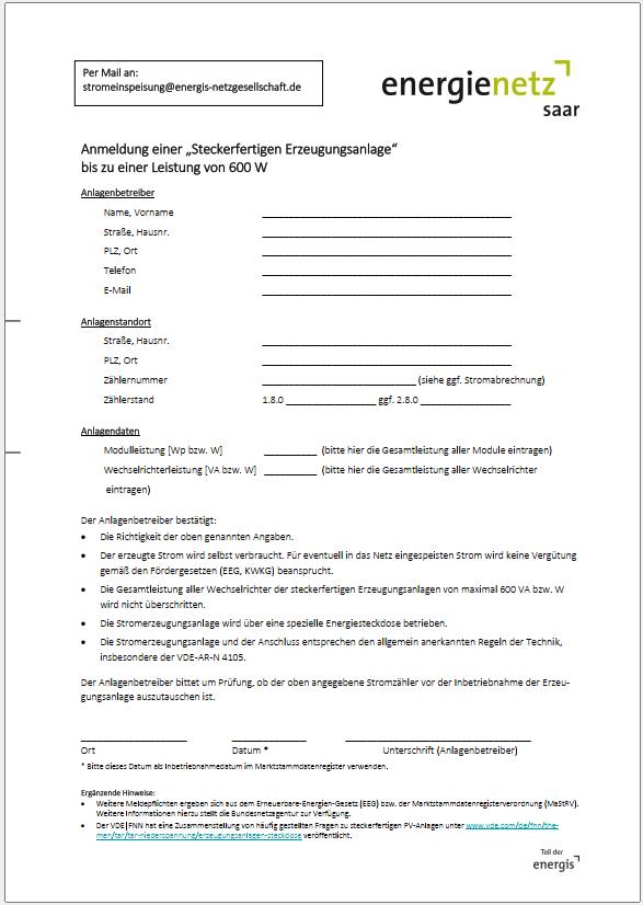 Balkonsolar Energis Anmeldeformular Screenshot