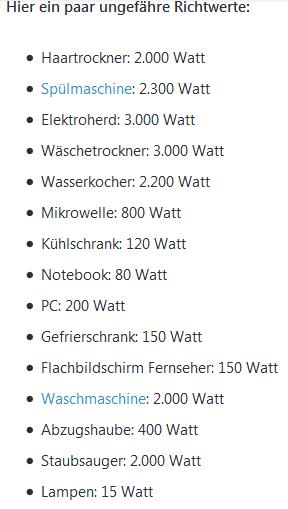 Verbrauchswerte Haushaltsgeräte Leistung Watt
