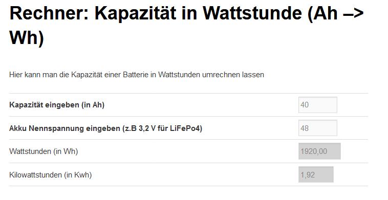 Umrechnung ah wh kwh leistung batterie akku kapazität